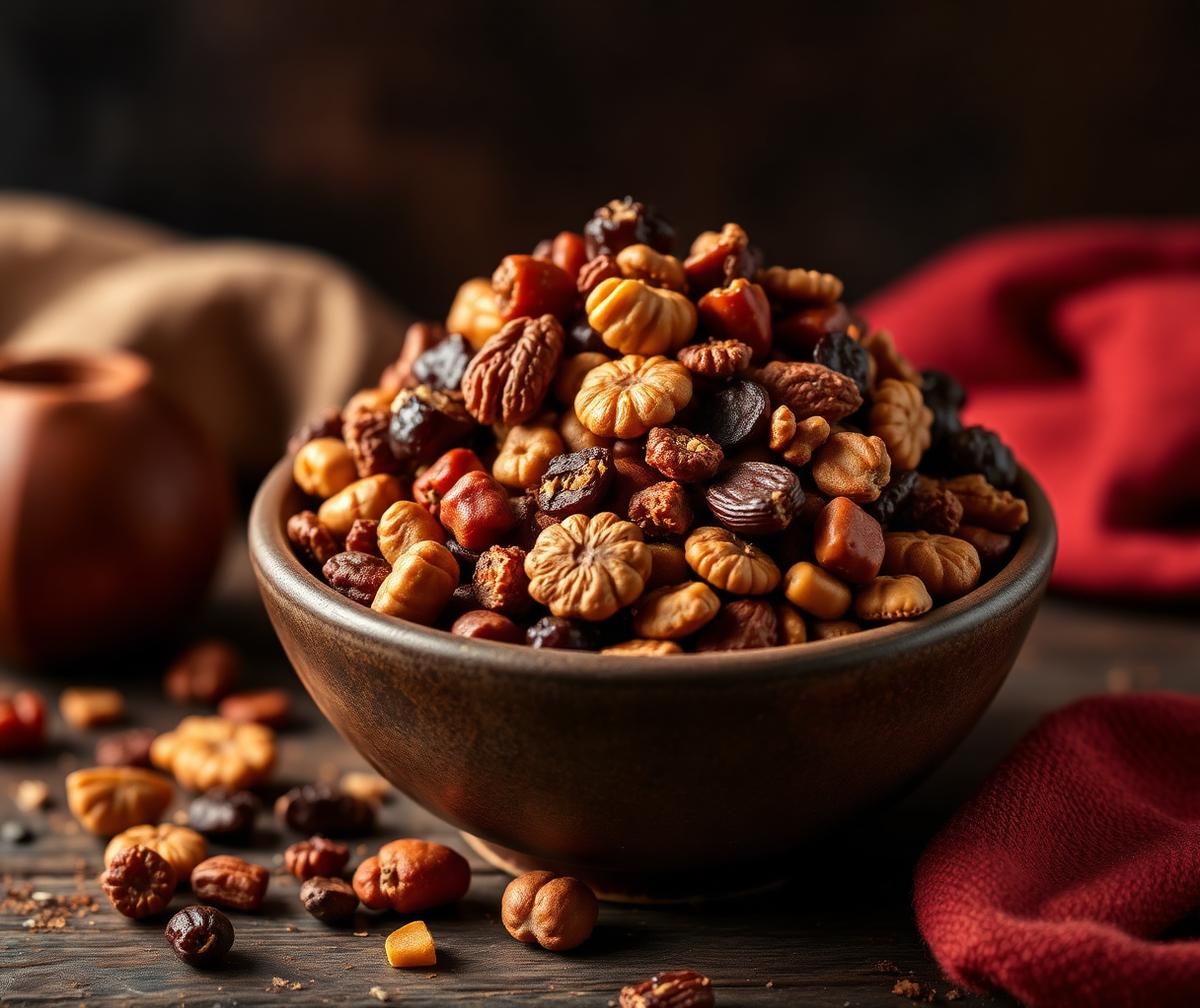 Chin chin trail mix with nuts and dried fruit in a rustic bowl