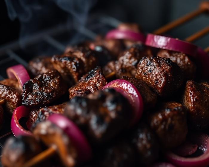 Grilled suya beef skewers with red onions