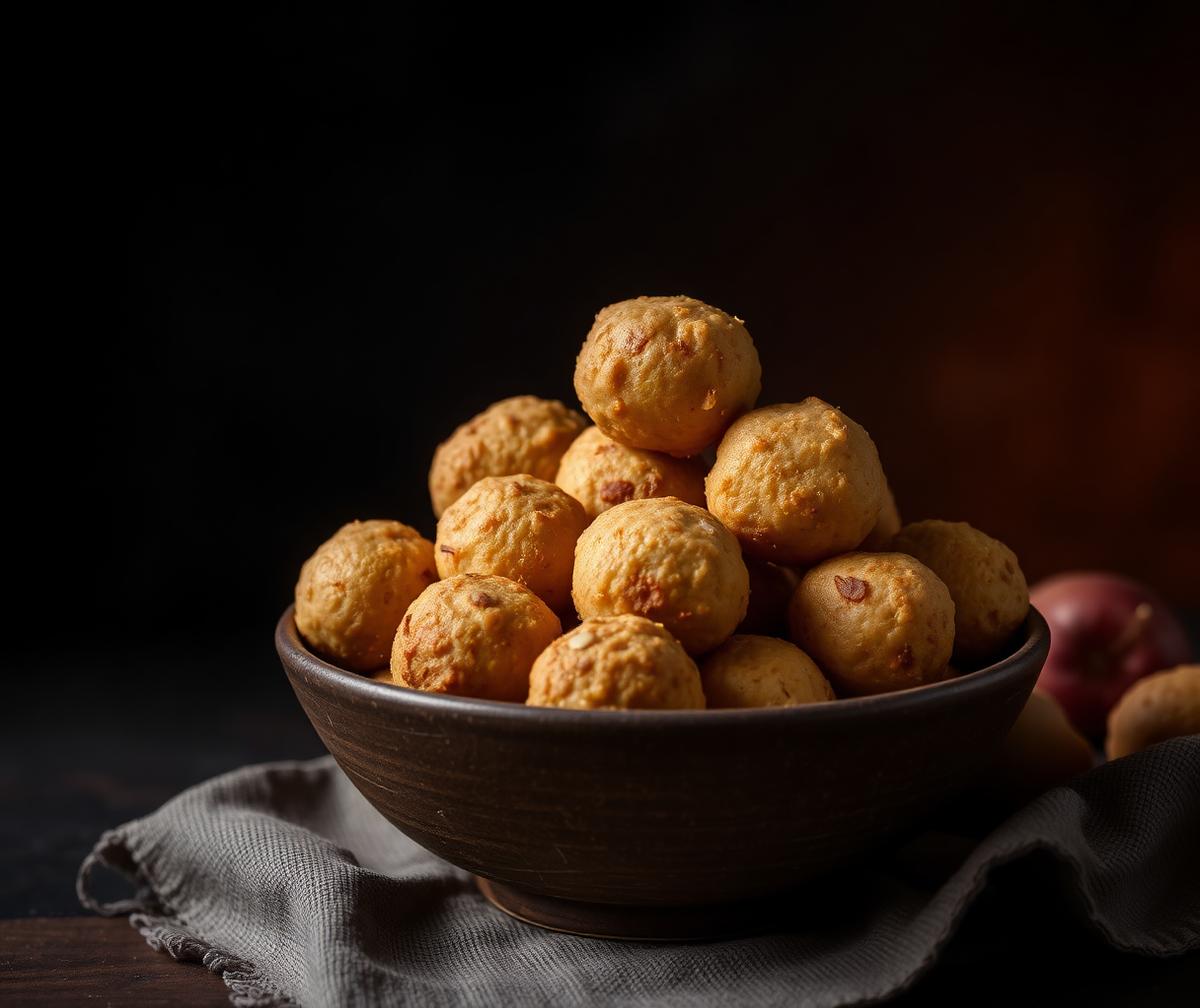 Golden fried puff puff dough balls in a rustic bowl